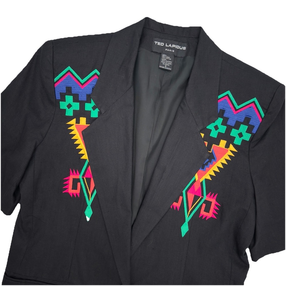 Ted Lapidus Paris Womens Size 8 Blazer Linen‎ Blend Embroidered Aztec Design VTG
